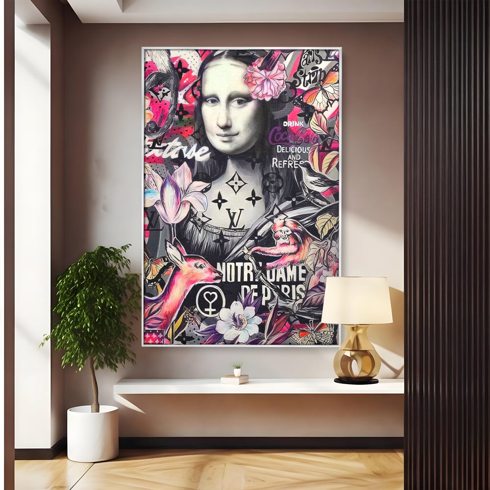 Tablou canvas cu tablou canvas cu mona lisa graffiti, in rama de aluminiu argintiu